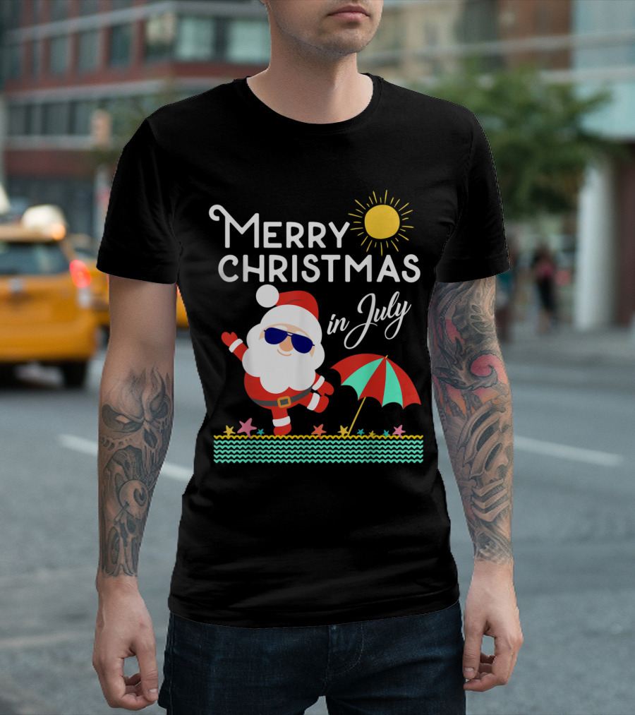 Merry Christmas In July Naughty Santa Beach Scene With Sun And Umbrella T-Shirt