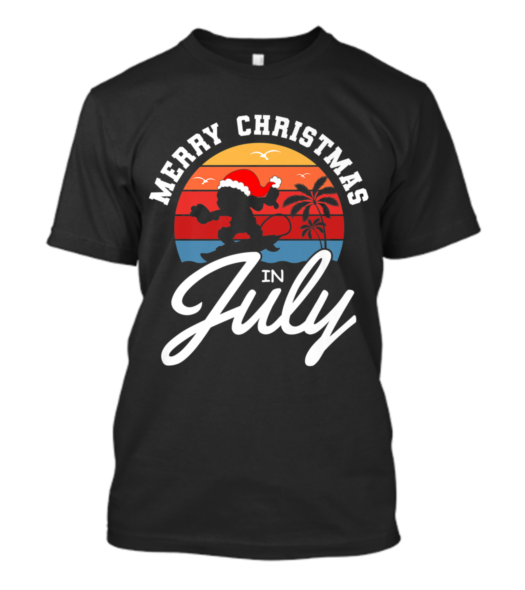 Merry Christmas In July Funny Santa Surfing With Sunset And Palm Trees T-Shirt
