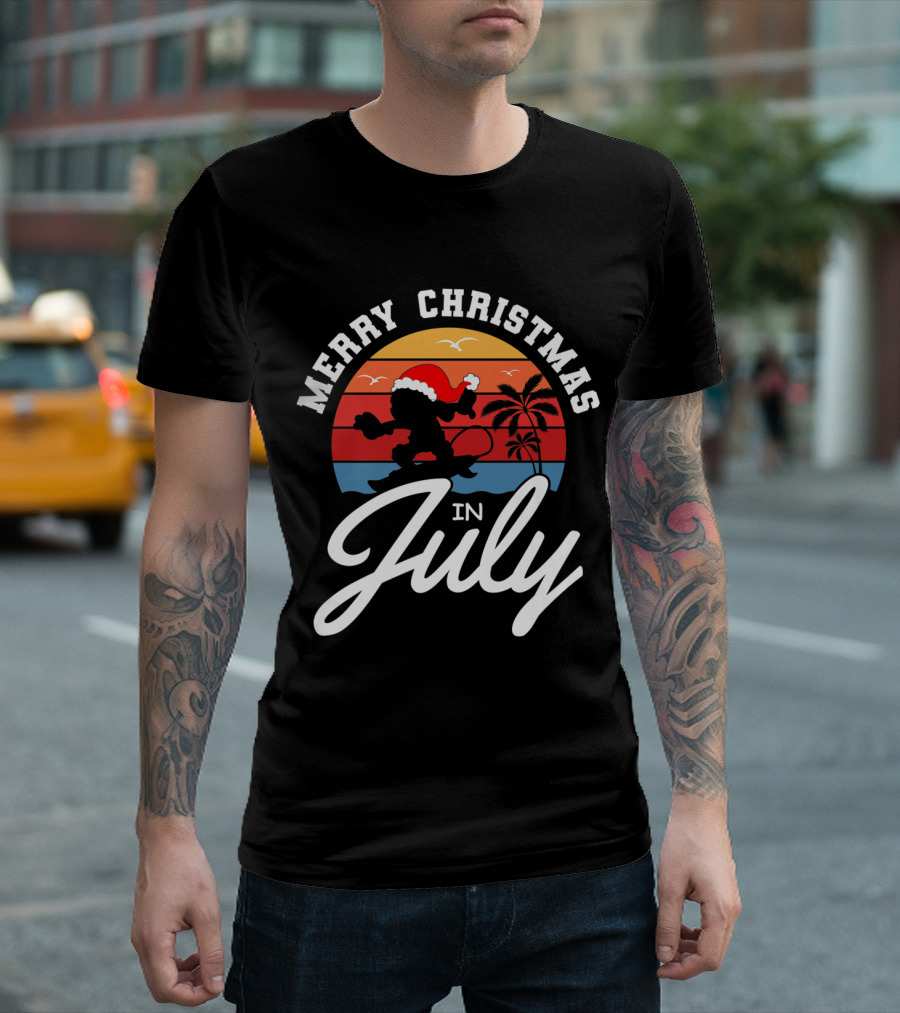 Merry Christmas In July Funny Santa Surfing With Sunset And Palm Trees T-Shirt
