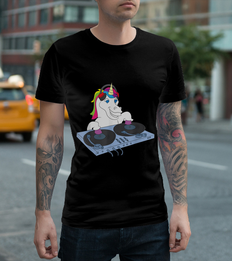 Unicorn DJ At Turntables With Colorful Headphones And Sound Engineer Equipment T-Shirt
