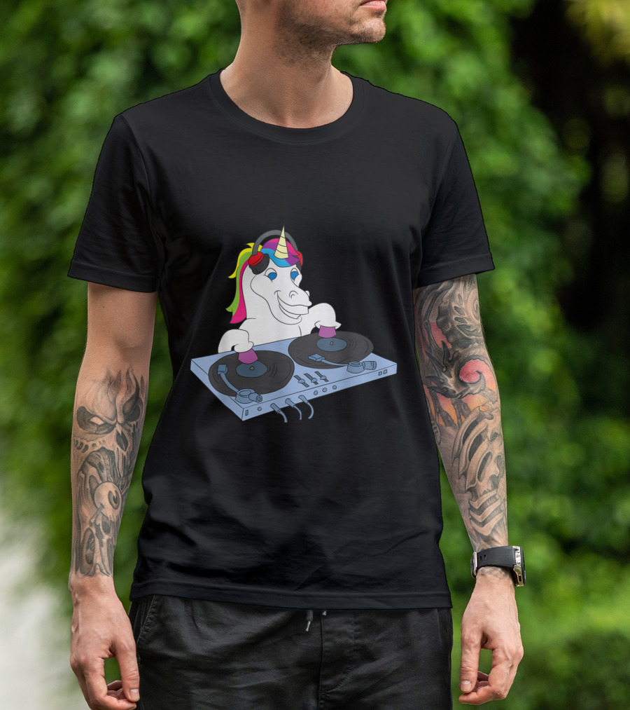 Unicorn DJ At Turntables With Colorful Headphones And Sound Engineer Equipment T-Shirt