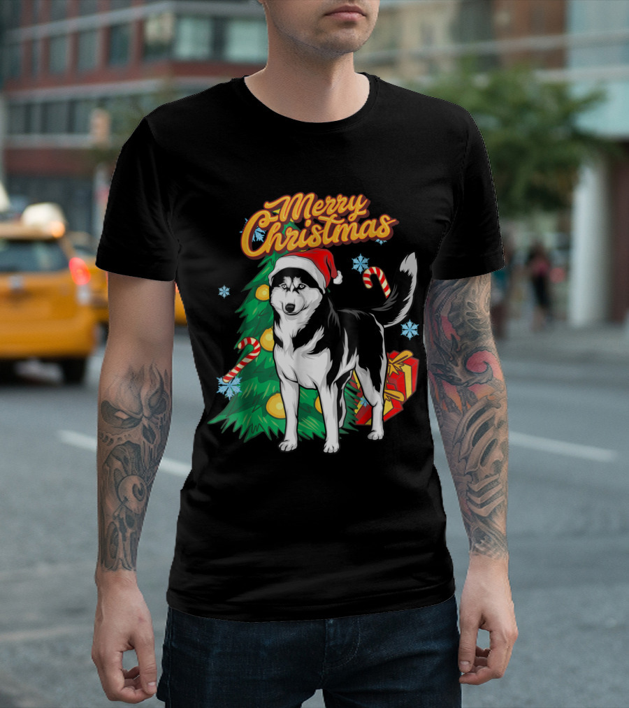 Merry Christmas Siberian Husky with Santa Hat, Christmas Tree, Candy Canes, and Snowflakes T-Shirt