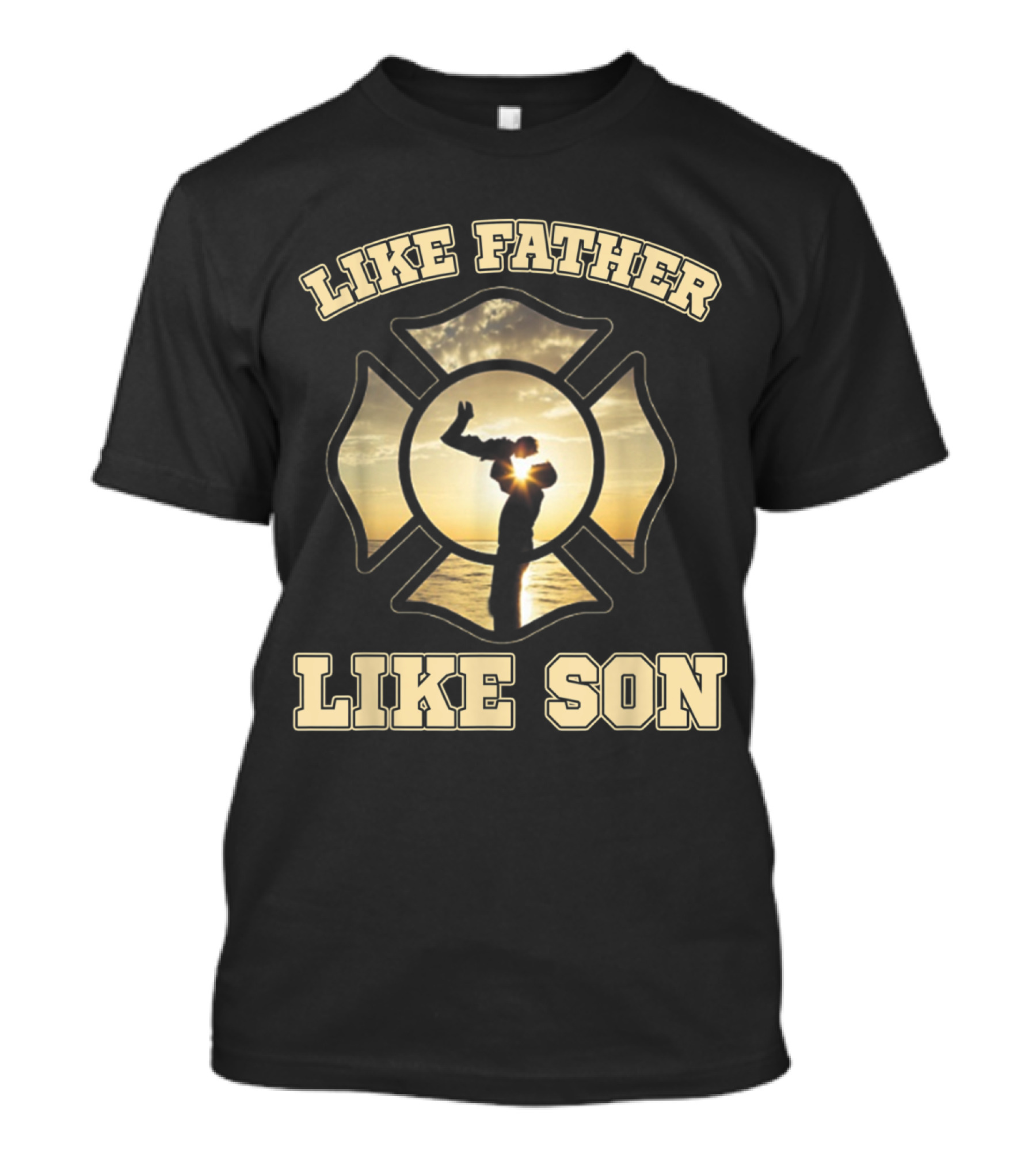 Like Father Like Son Firefighter Maltese Cross Silhouette Embrace At Sunset T-Shirt