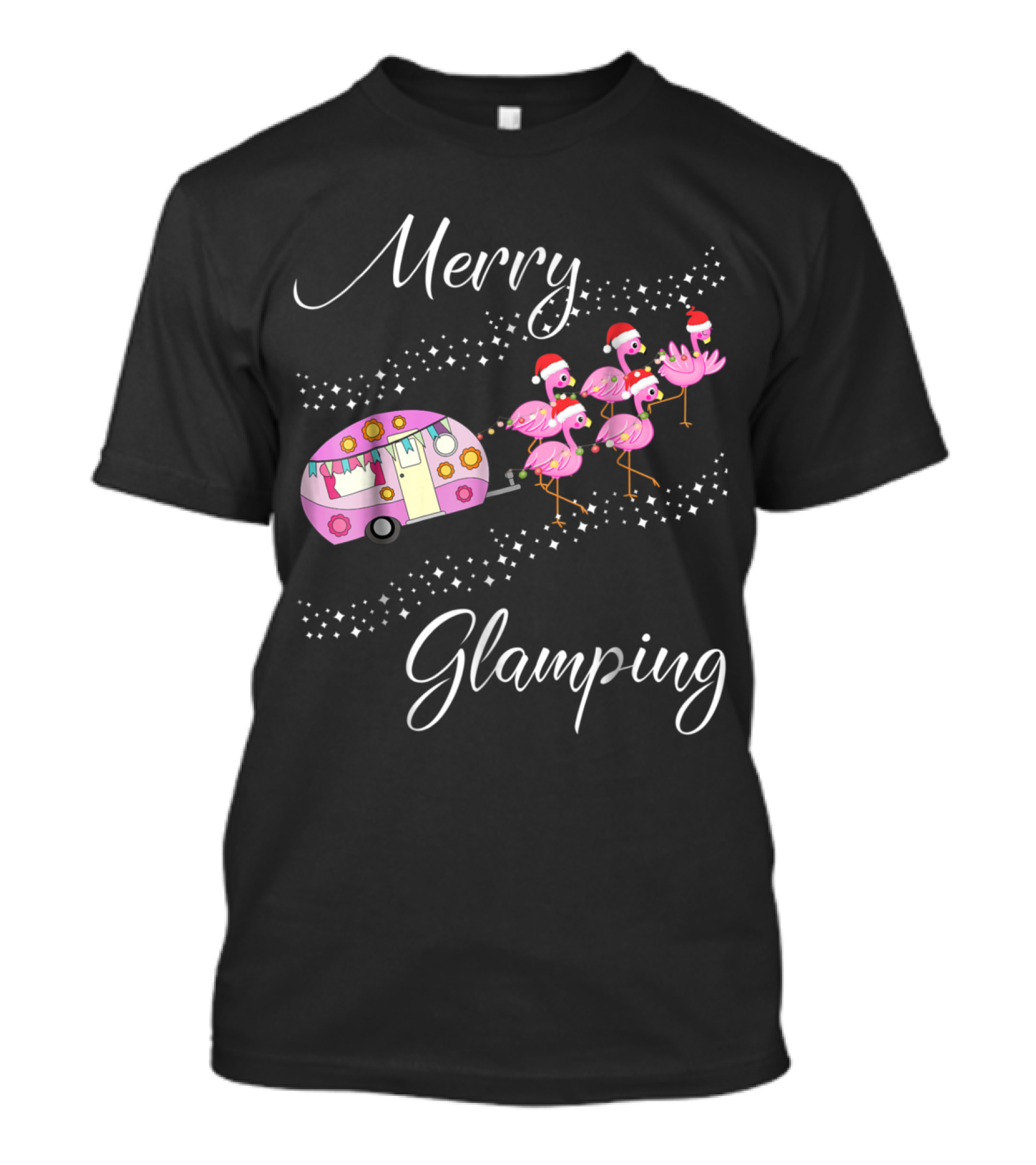 Merry Glamping Christmas With Santa Hat Flamingos And Camper T-Shirt