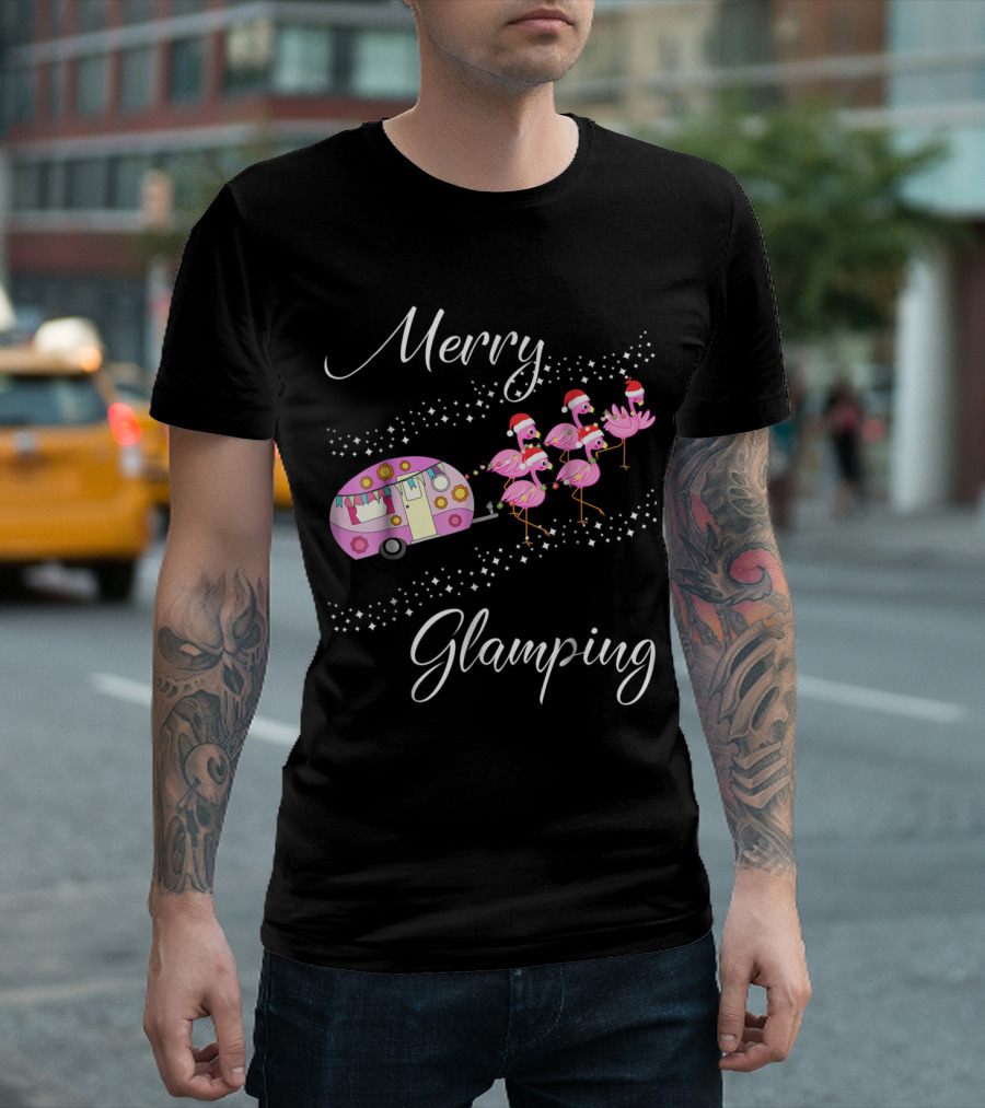 Merry Glamping Christmas With Santa Hat Flamingos And Camper T-Shirt