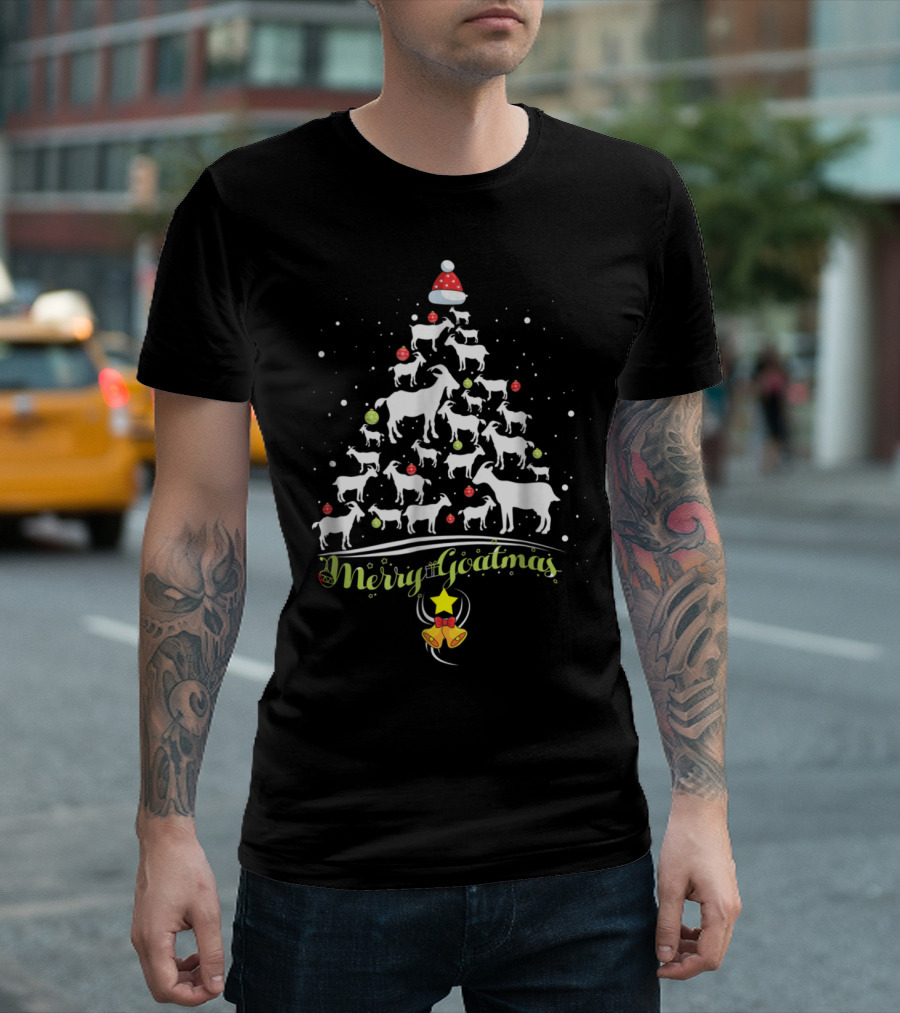 Merry Goatmas Christmas Tree Goats Santa Hat Bells Ornaments Snowflakes T-Shirt