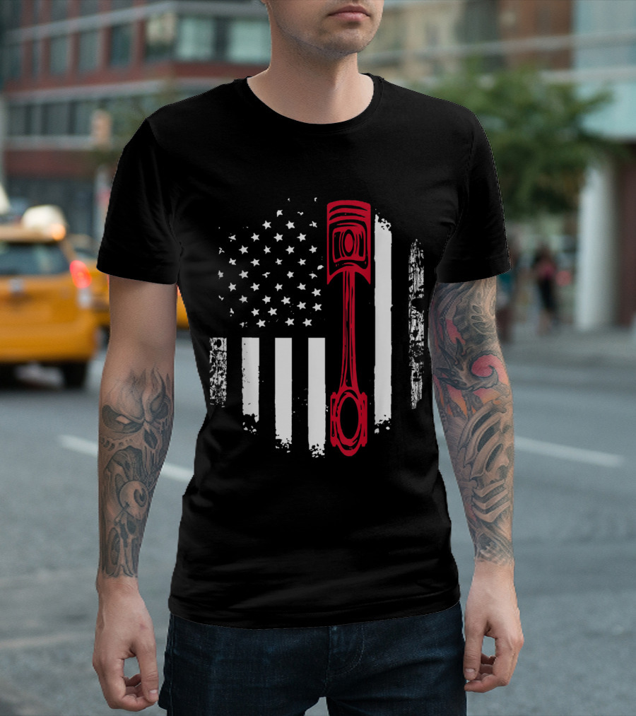 American Flag Piston Graphic For Patriotic Auto Mechanics T-Shirt