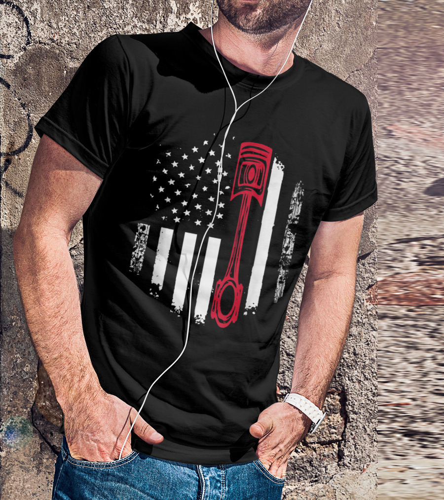 American Flag Piston Graphic For Patriotic Auto Mechanics T-Shirt