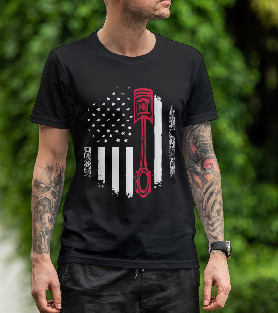 American Flag Piston Graphic For Patriotic Auto Mechanics T-Shirt