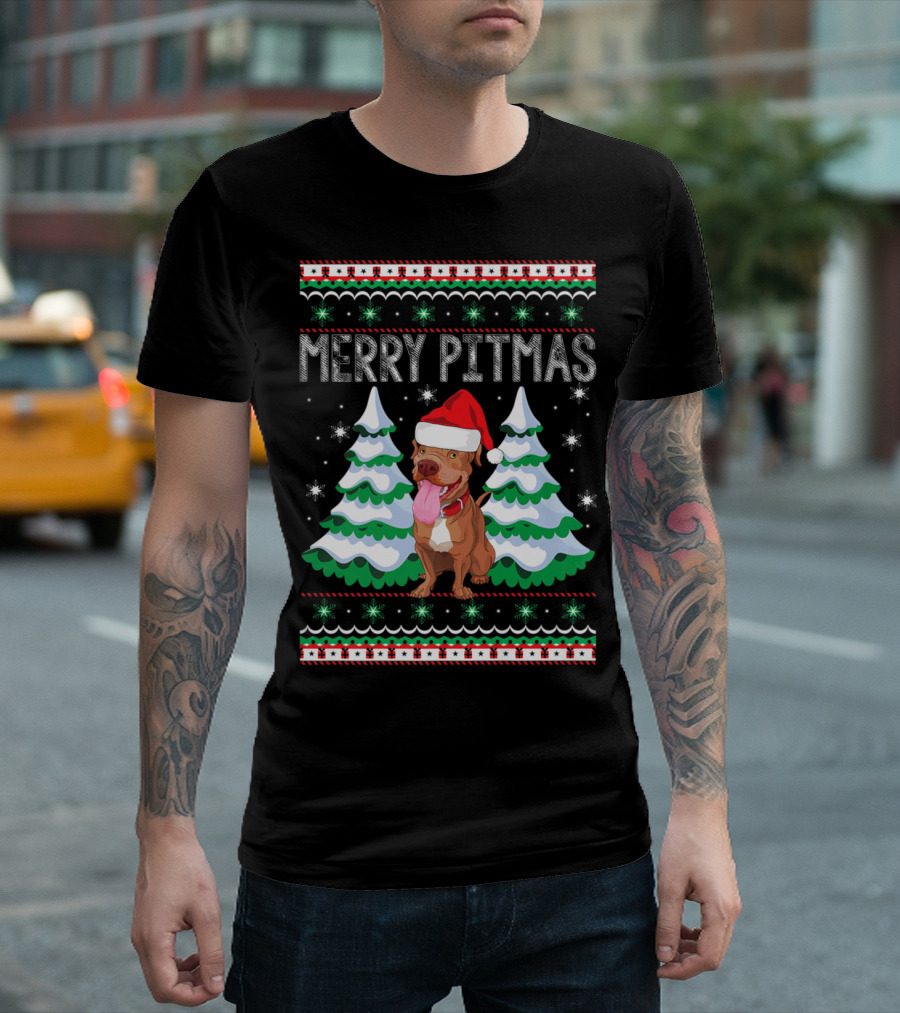 Merry Pitmas Pitbull Christmas Santa Hat Festive Trees Snowflakes Holiday T-Shirt