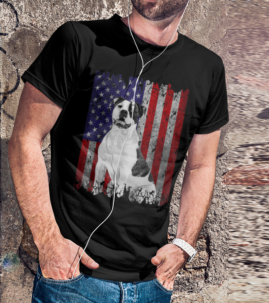 American Bulldog In Front Of Distressed American Flag Background T-Shirt