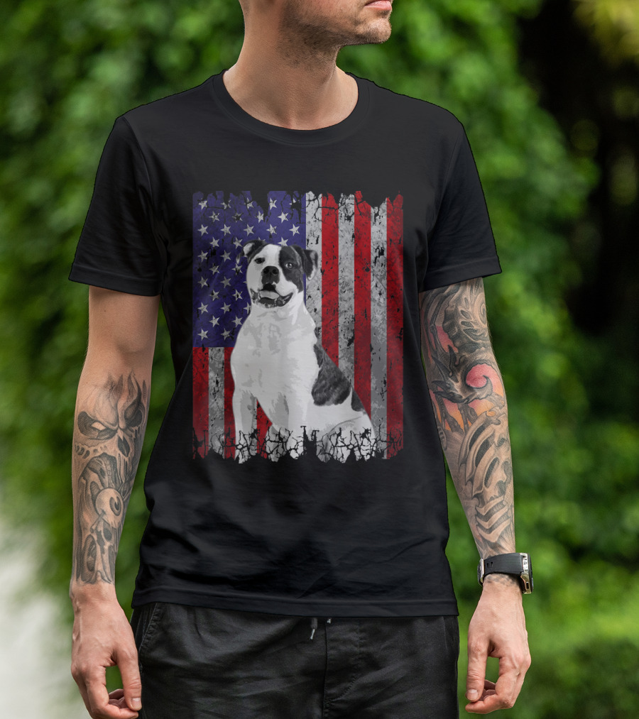 American Bulldog In Front Of Distressed American Flag Background T-Shirt
