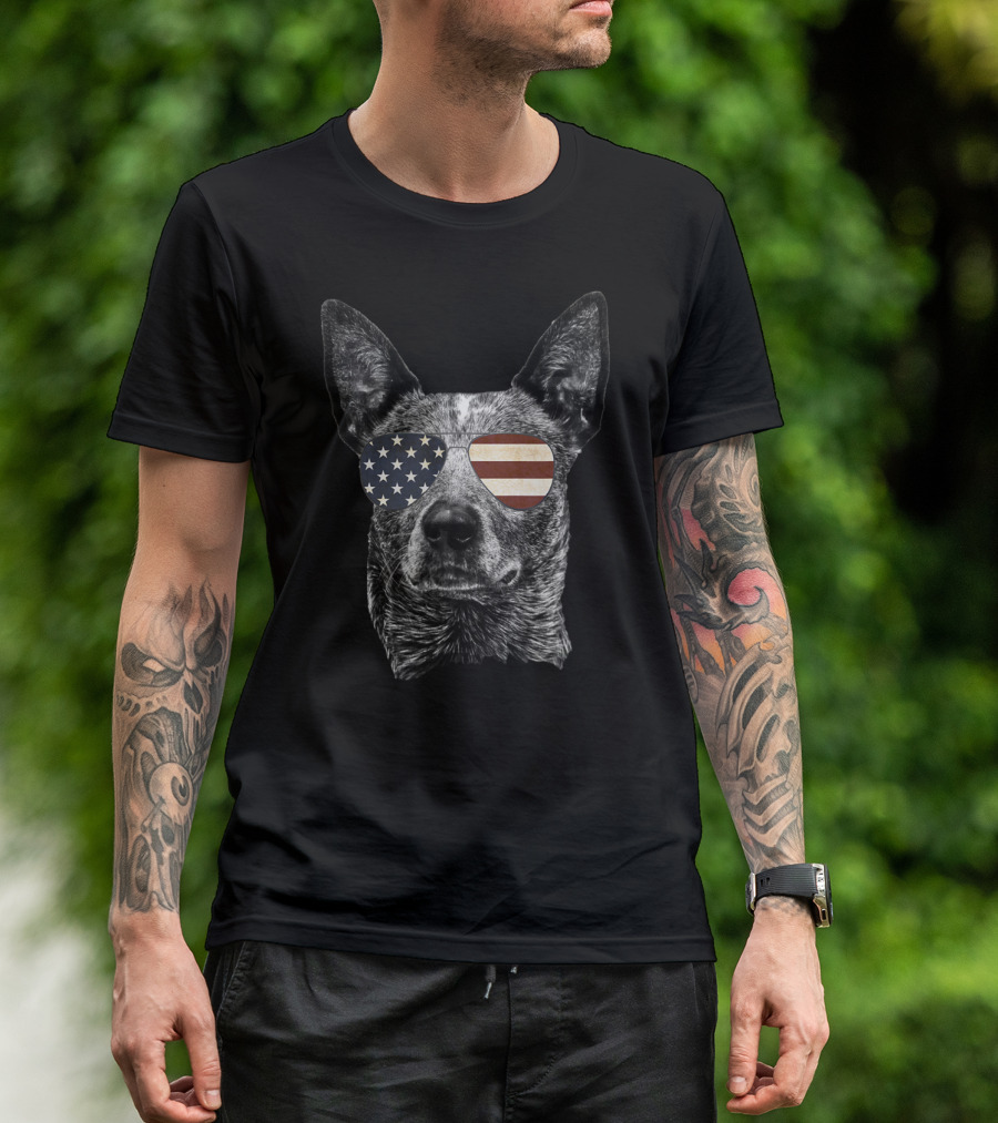 Australian Cattle Dog With American Flag Sunglasses Patriotic T-Shirt