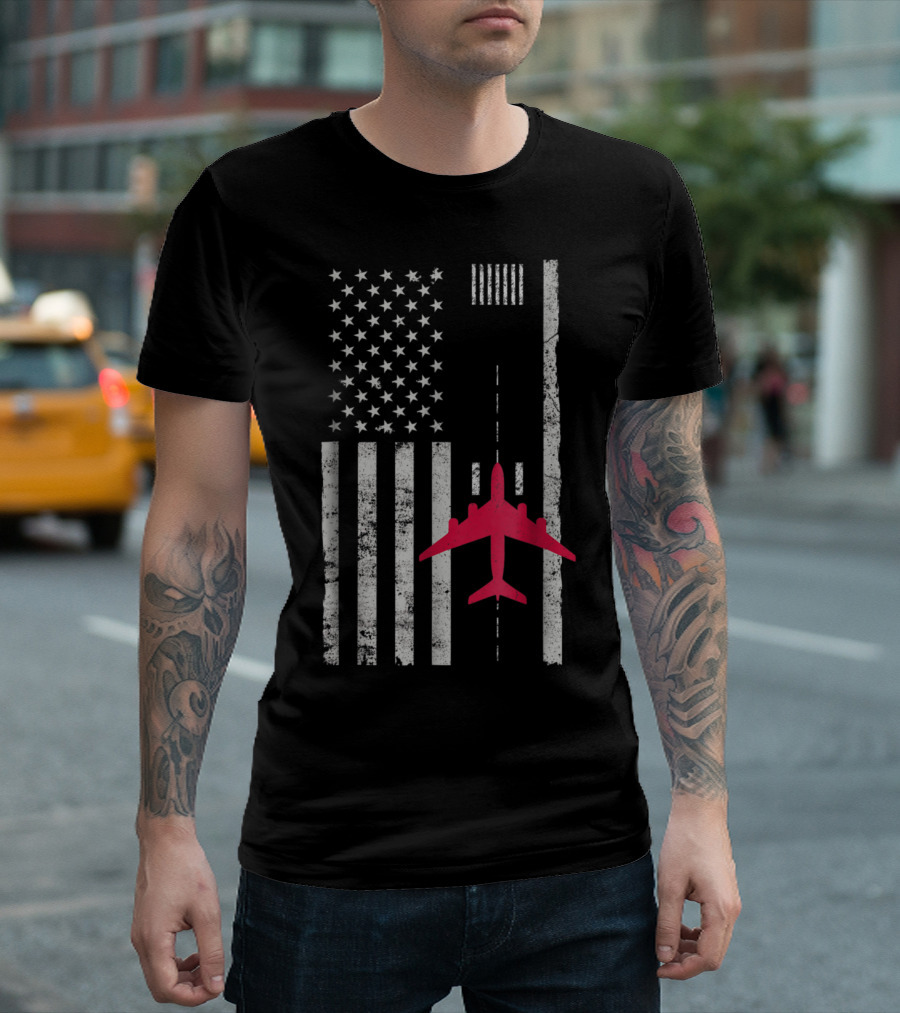 US Flag Styled as Airport Runway with Red Airplane T-Shirt