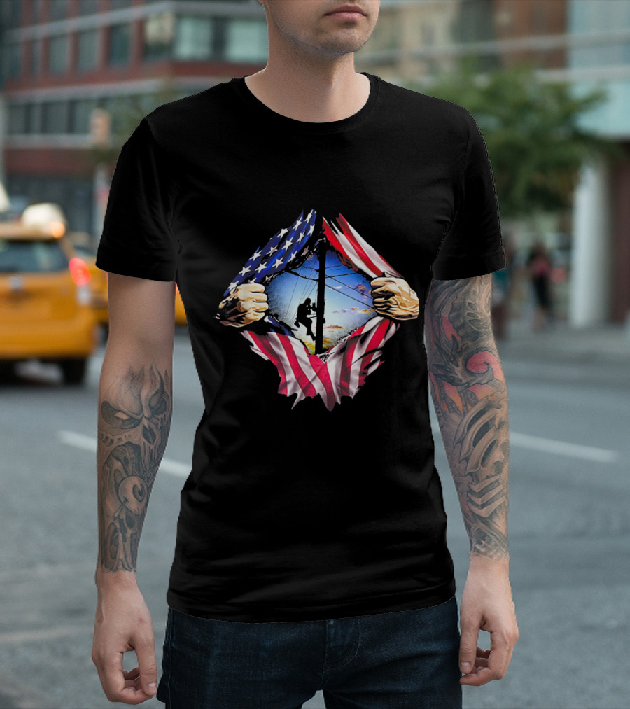 USA American Flag with Lineman Climbing Pole and Strong Hands T-Shirt