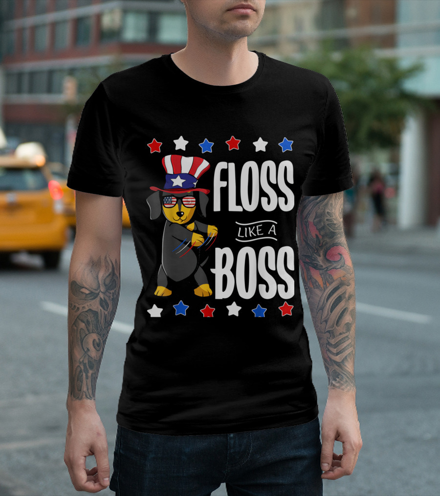 Floss Like a Boss Patriotic Dachshund 4th of July USA Flag T-Shirt