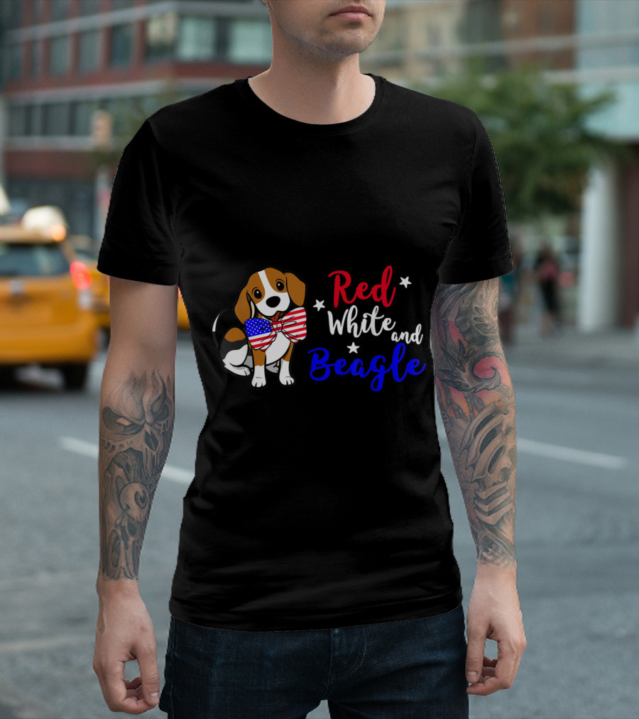 Red White and Beagle with American Flag Bowtie T-Shirt