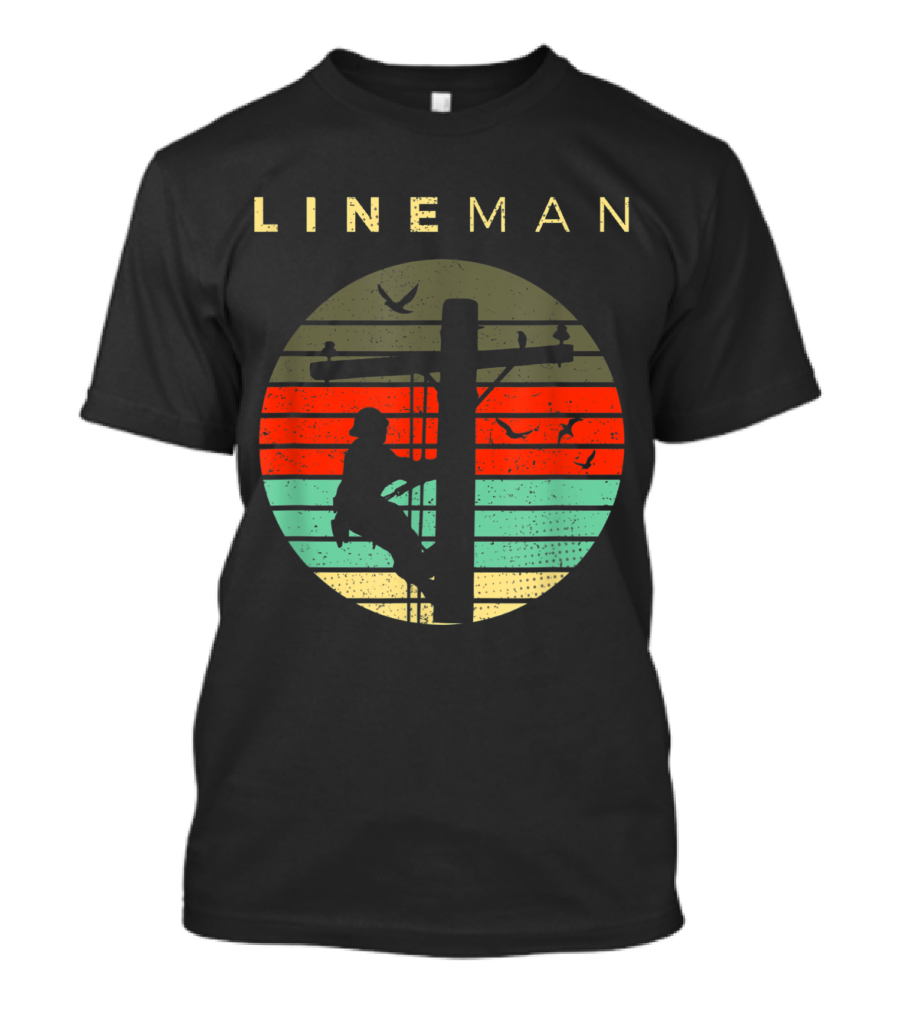 Lineman Climbing Utility Pole Silhouette With Sunset Stripes And Birds T-Shirt