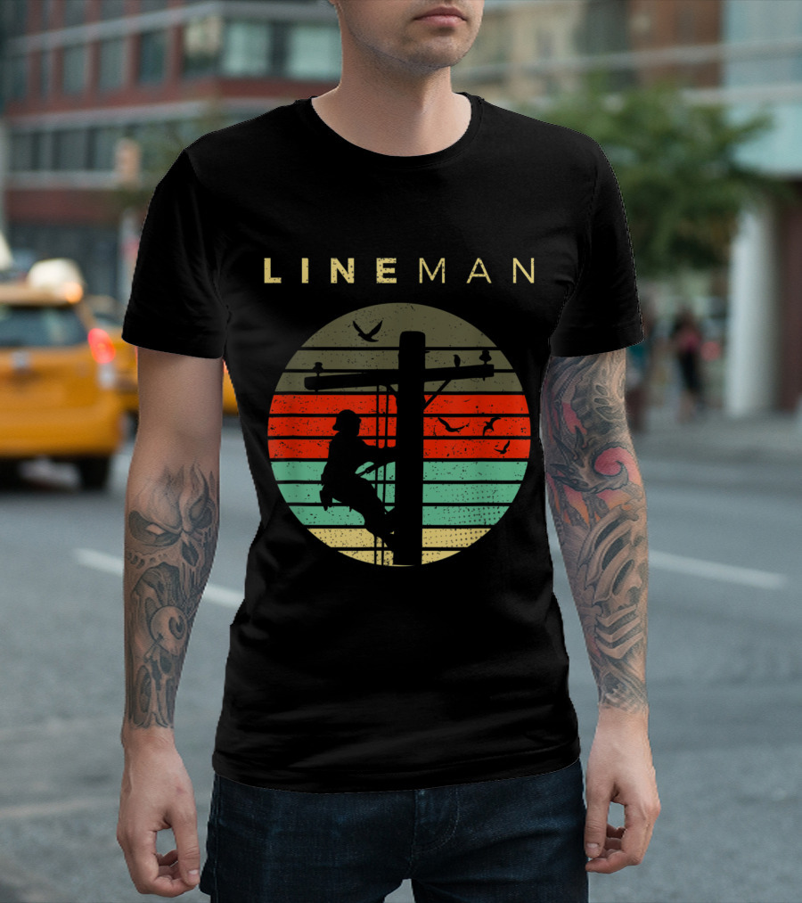 Lineman Climbing Utility Pole Silhouette With Sunset Stripes And Birds T-Shirt