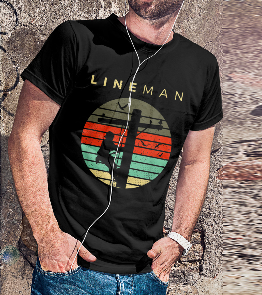 Lineman Climbing Utility Pole Silhouette With Sunset Stripes And Birds T-Shirt