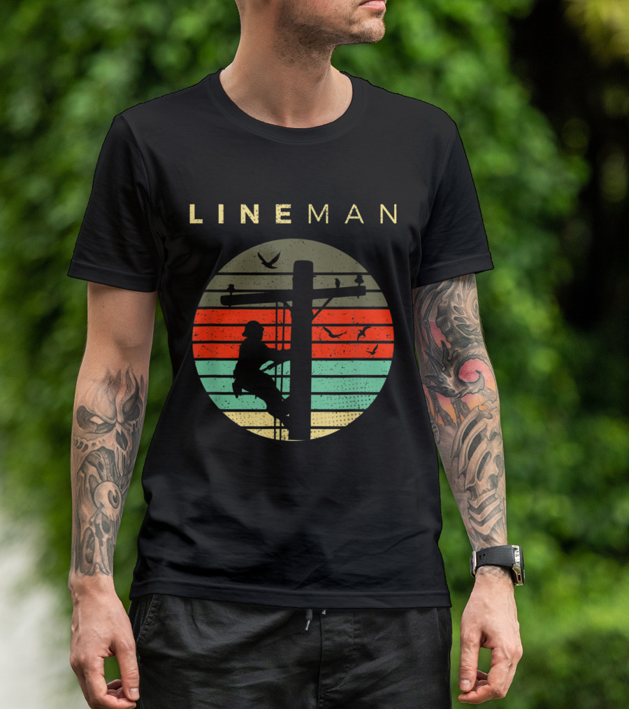 Lineman Climbing Utility Pole Silhouette With Sunset Stripes And Birds T-Shirt