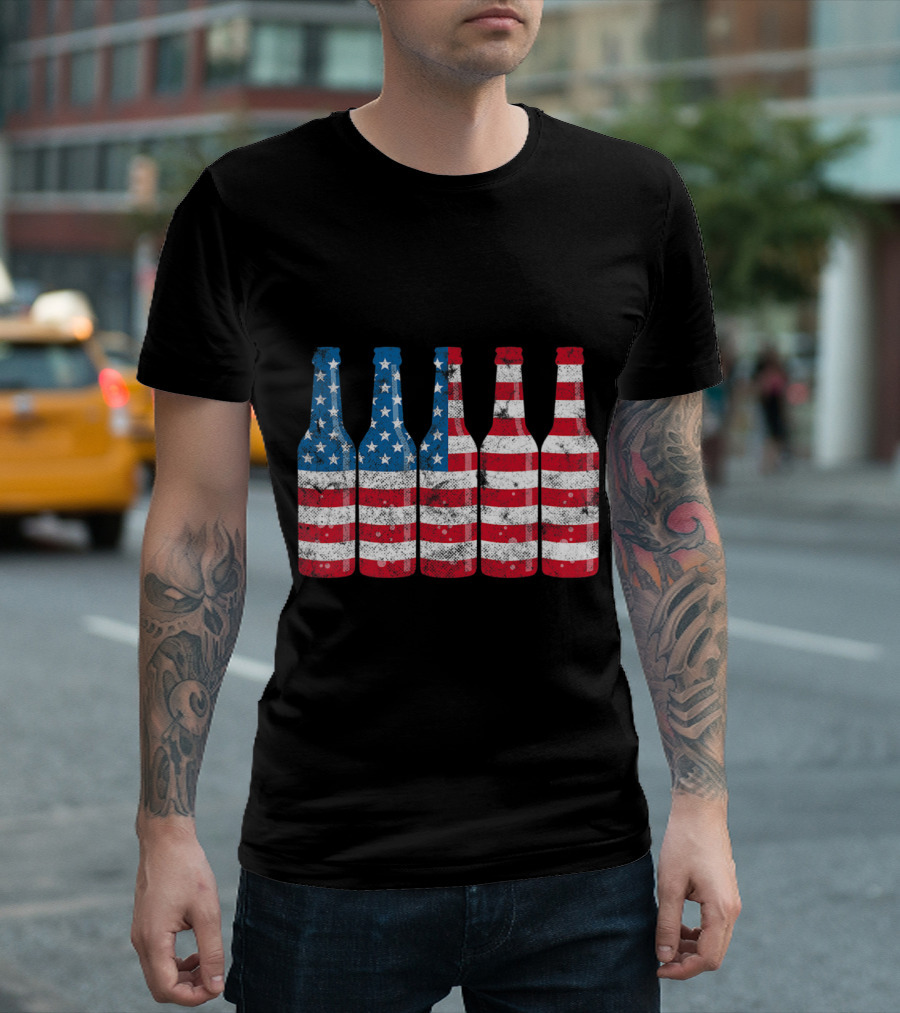 Patriotic American Flag Beer Bottles T-Shirt