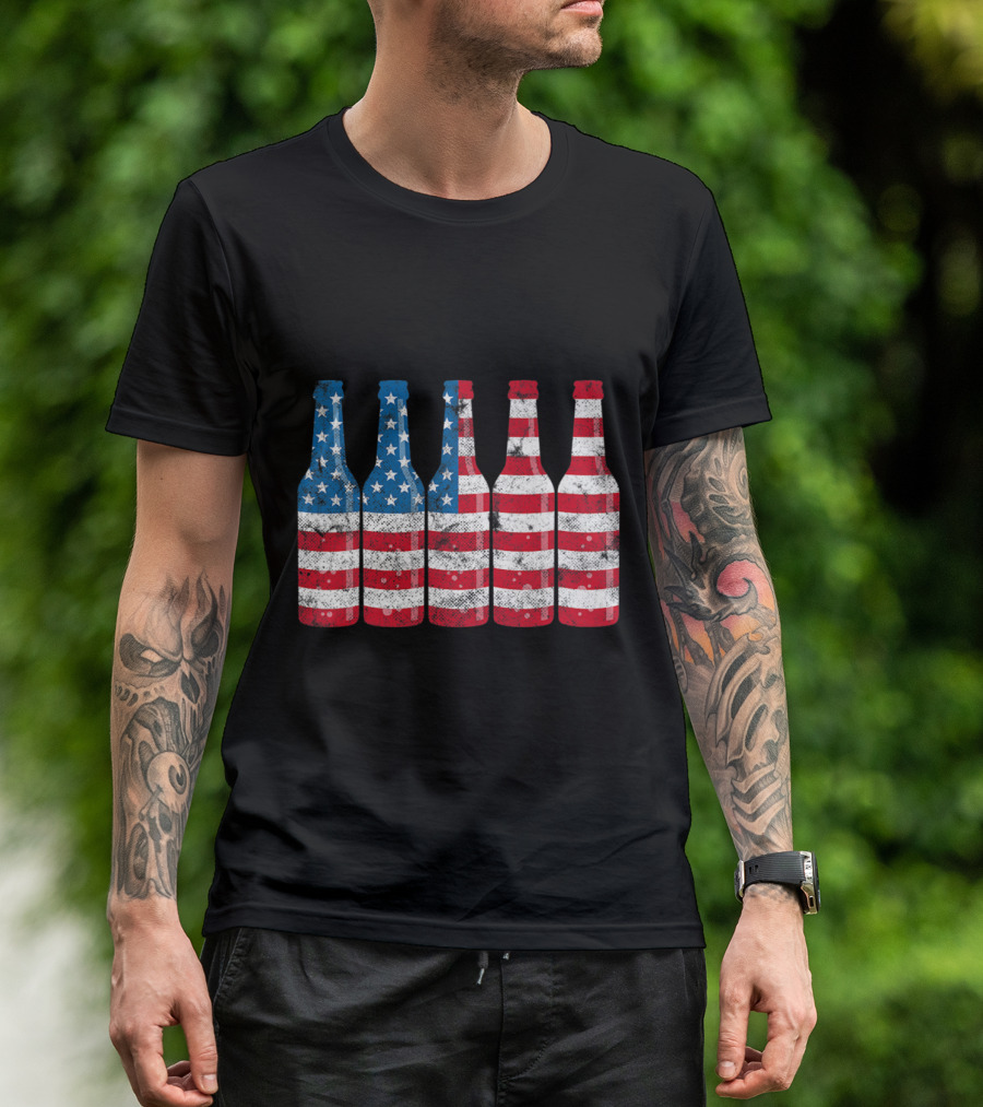 Patriotic American Flag Beer Bottles T-Shirt