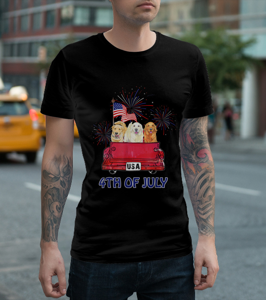 4th of July USA Red Truck Golden Retrievers with American Flag and Fireworks T-Shirt