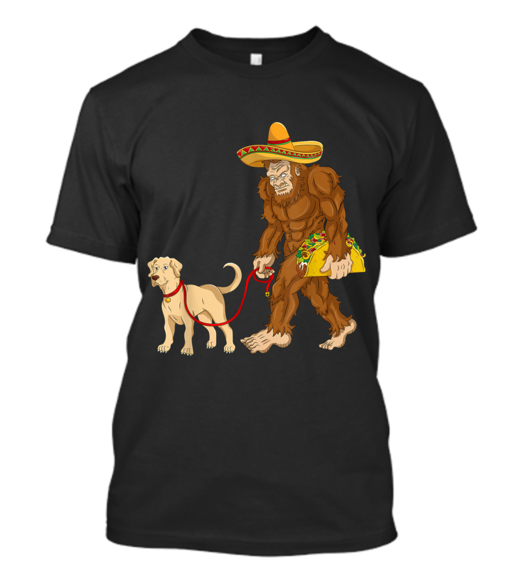 Mexican Sombrero-Wearing Bigfoot Walking Labrador With Taco T-Shirt
