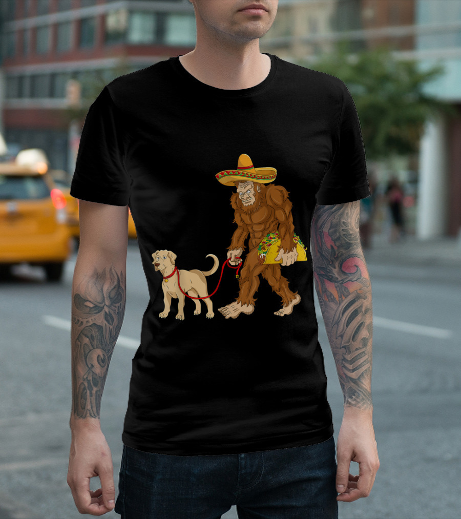 Mexican Sombrero-Wearing Bigfoot Walking Labrador With Taco T-Shirt