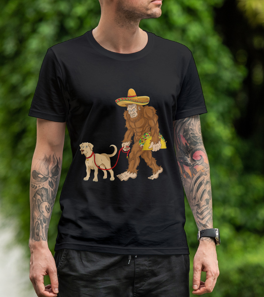 Mexican Sombrero-Wearing Bigfoot Walking Labrador With Taco T-Shirt