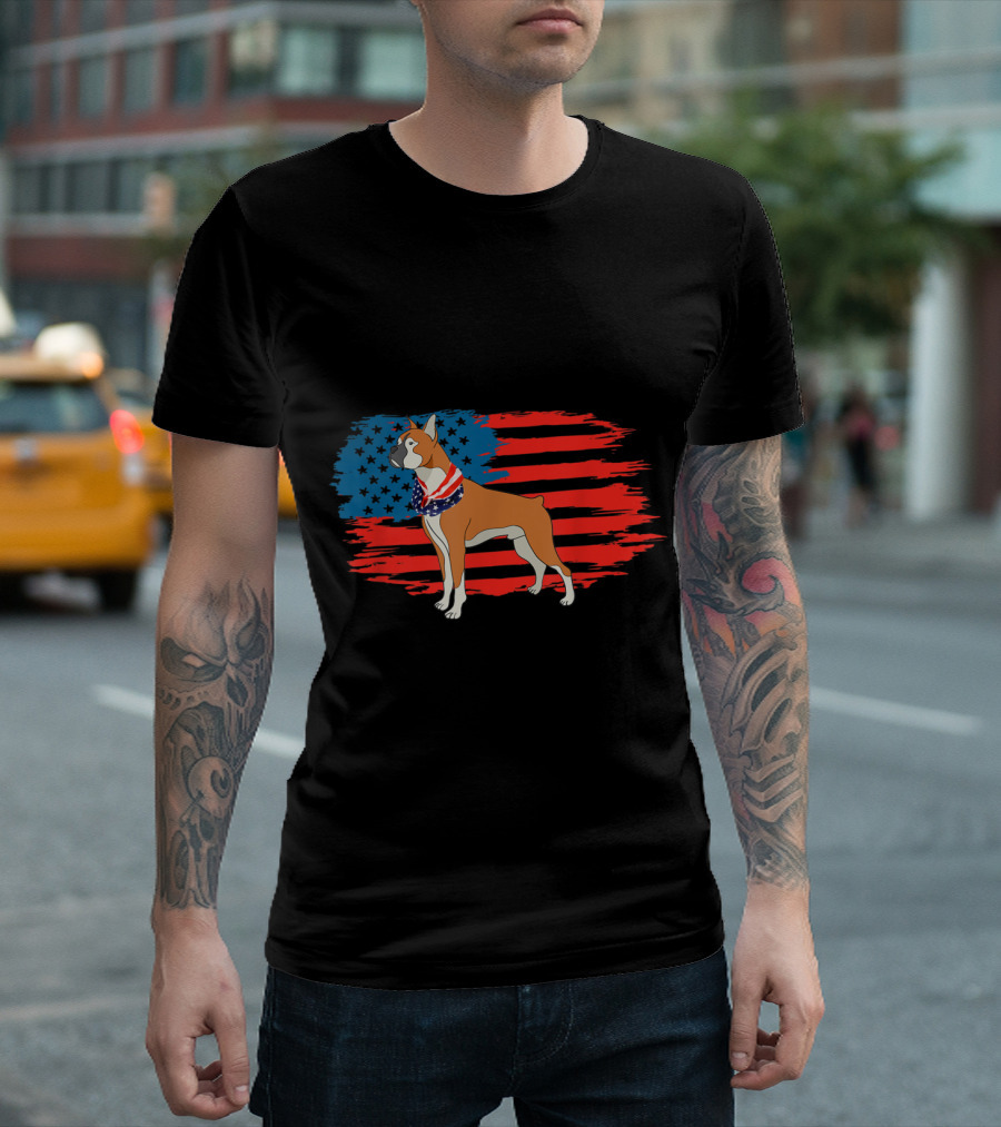 Boxer Dog with American Flag Stars and Stripes Scarf T-Shirt