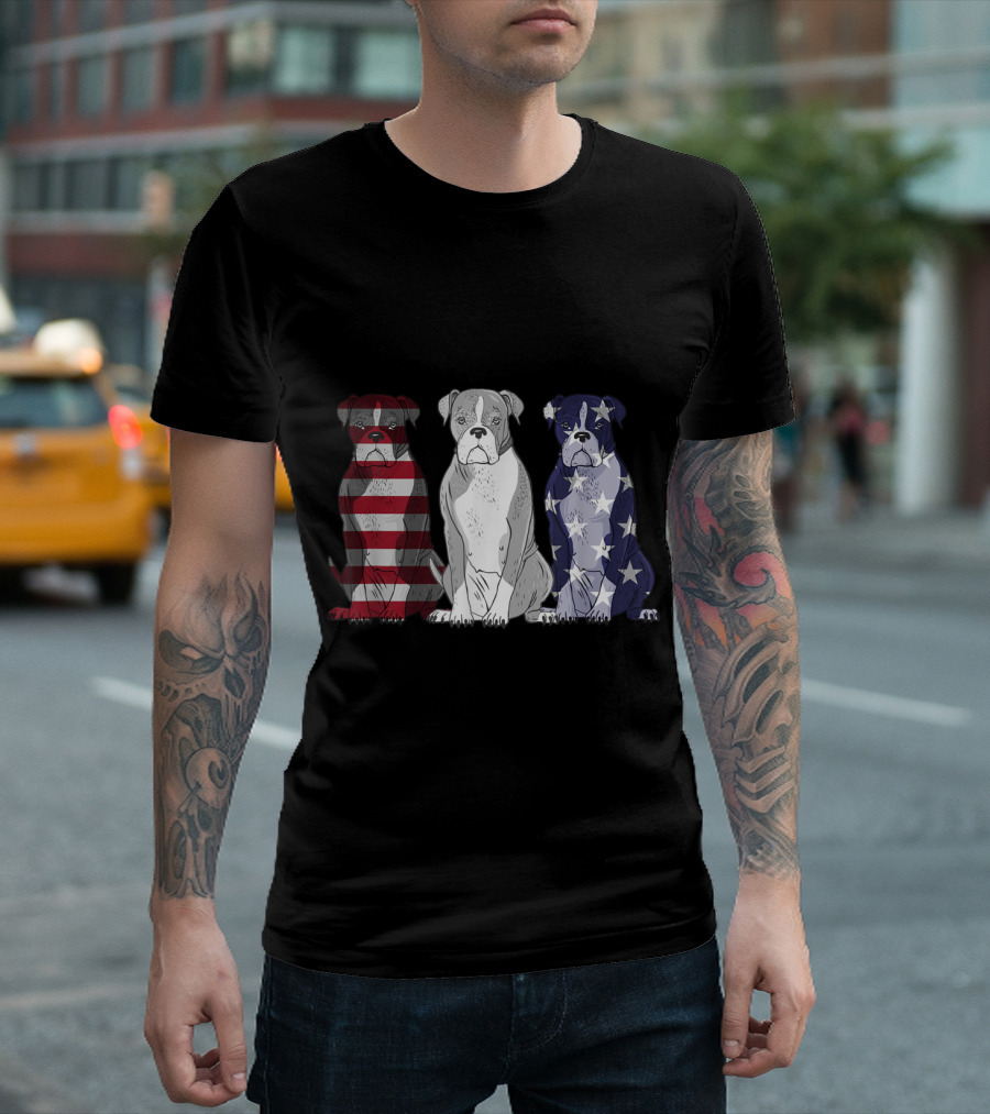 Patriotic Boxer Dog Trio with American Flag Colors T-Shirt