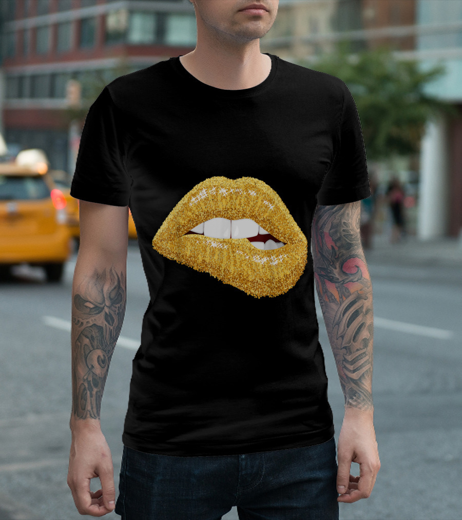 Golden Glitter Lips Biting Kiss Black Girl Magic T-Shirt