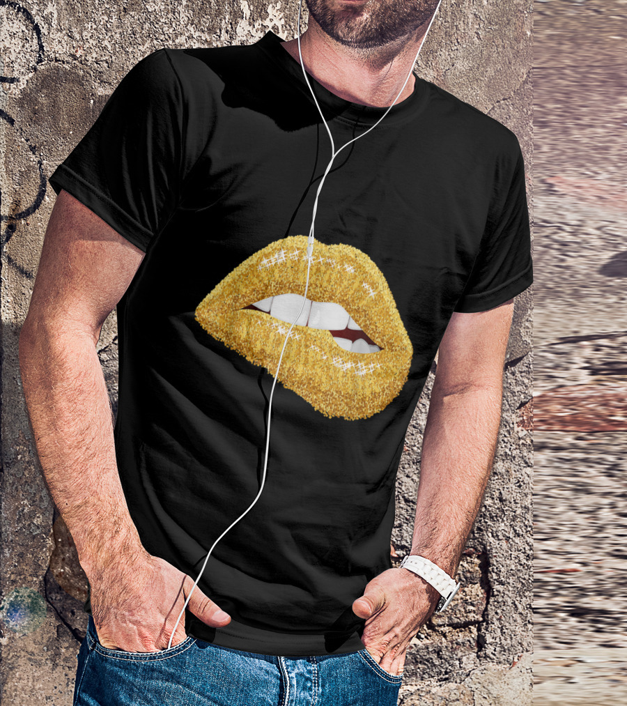 Golden Glitter Lips Biting Kiss Black Girl Magic T-Shirt