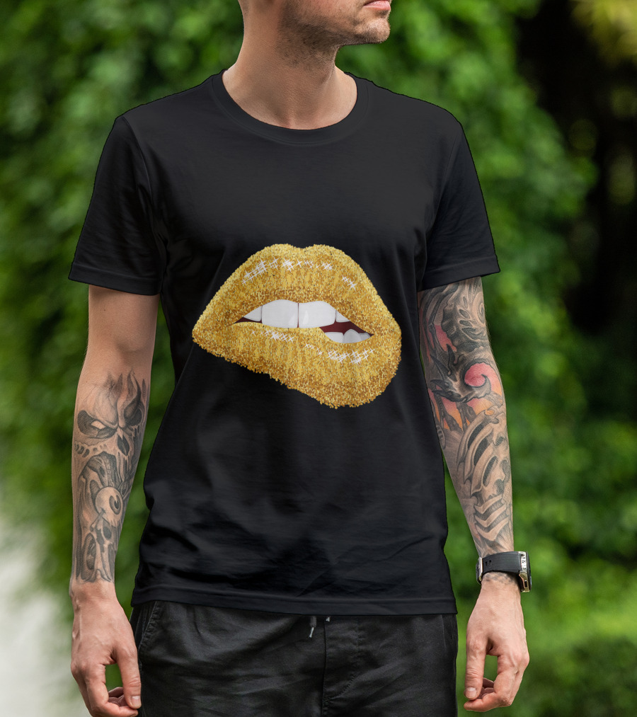 Golden Glitter Lips Biting Kiss Black Girl Magic T-Shirt