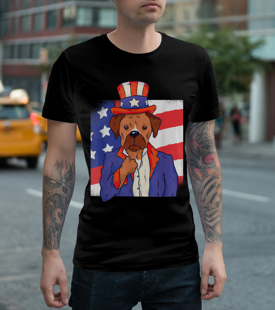 Uncle Sam Inspired Patriotic Boxer Dog with American Flag Background T-Shirt