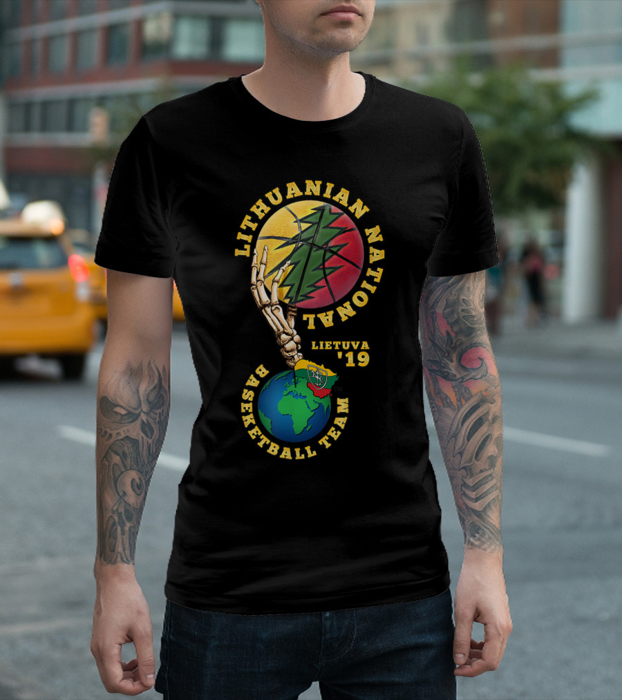 Lithuanian National Basketball Team Lietuva 19 Skeleton Hand And Flag Globe T-Shirt