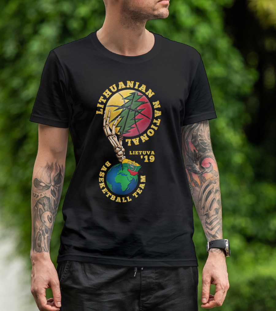 Lithuanian National Basketball Team Lietuva 19 Skeleton Hand And Flag Globe T-Shirt