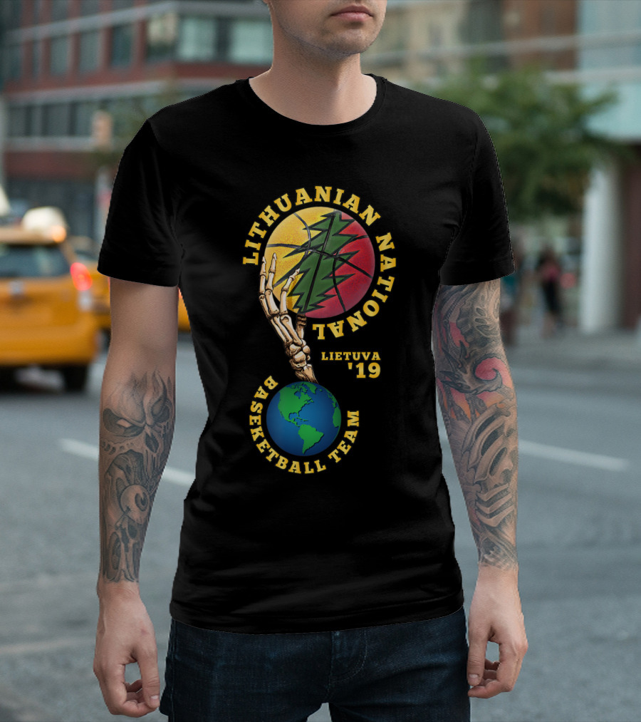 Lithuanian National Basketball Team Lietuva '19 Skeleton Hand Basketball Globe T-Shirt