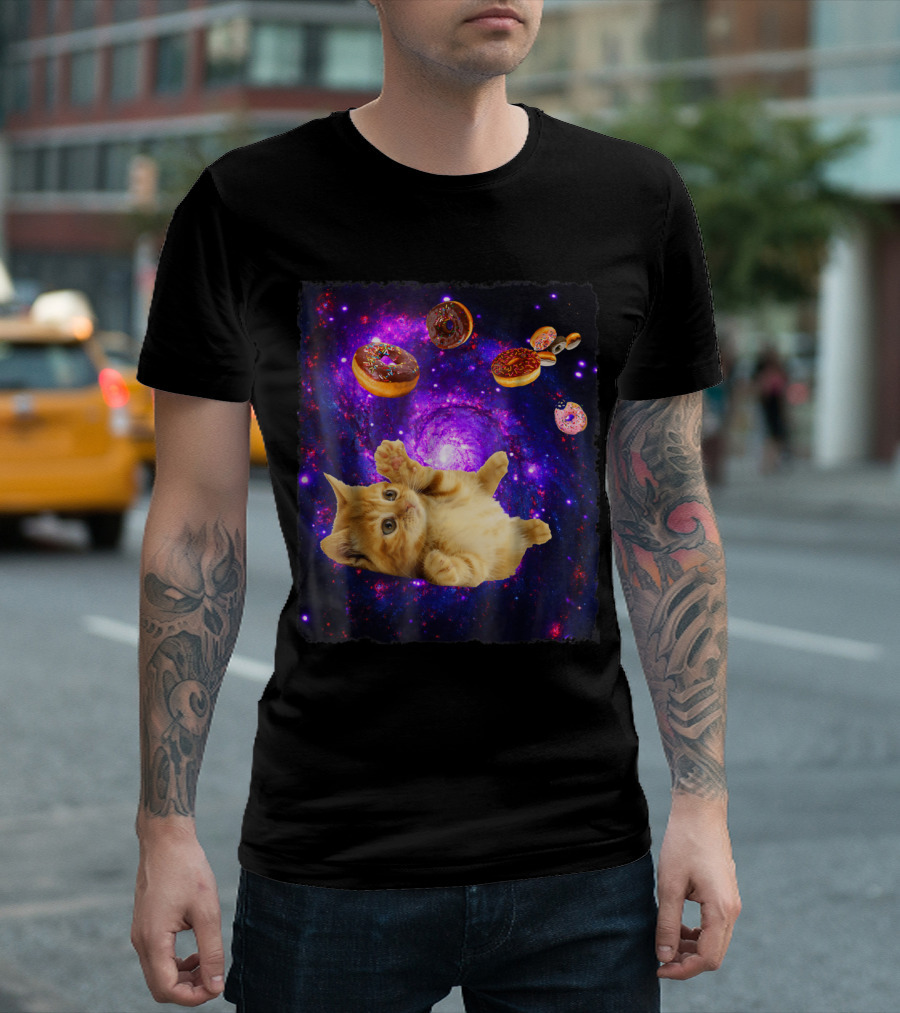 Galaxy Adventure Space Cat with Doughnuts Floating Through Cosmic Nebula T-Shirt