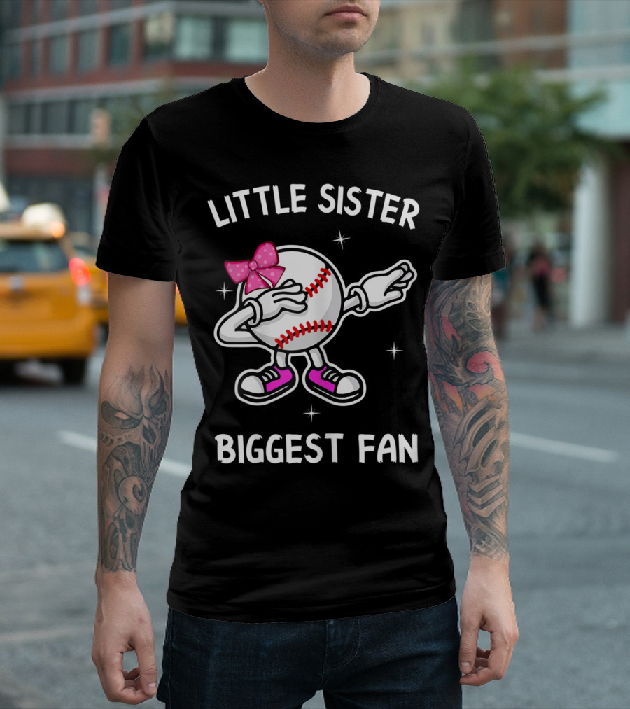 Little Sister Biggest Fan Baseball Dab Pink Bow And Sneakers T-Shirt