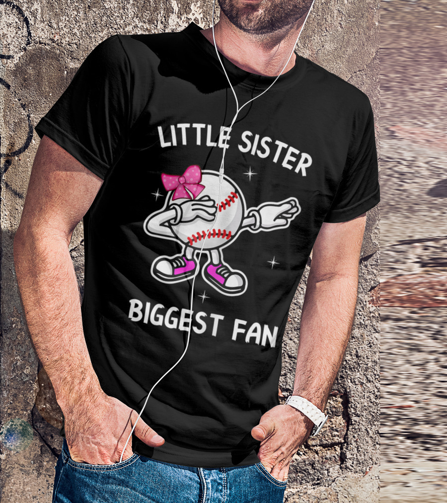 Little Sister Biggest Fan Baseball Dab Pink Bow And Sneakers T-Shirt