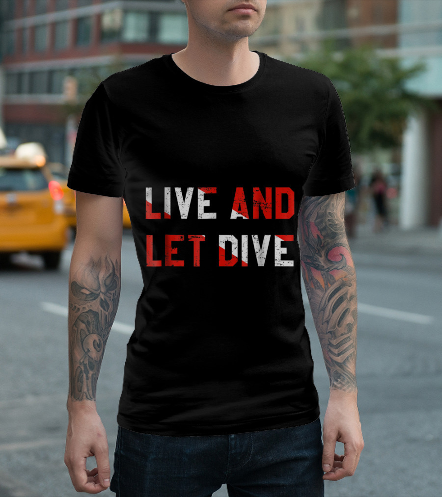 Live And Let Dive Text with Dive Flag Red and White Distressed Look T-Shirt