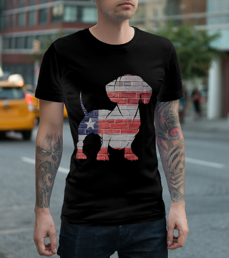 USA Flag Dachshund Silhouette Brick Pattern Patriotic T-Shirt