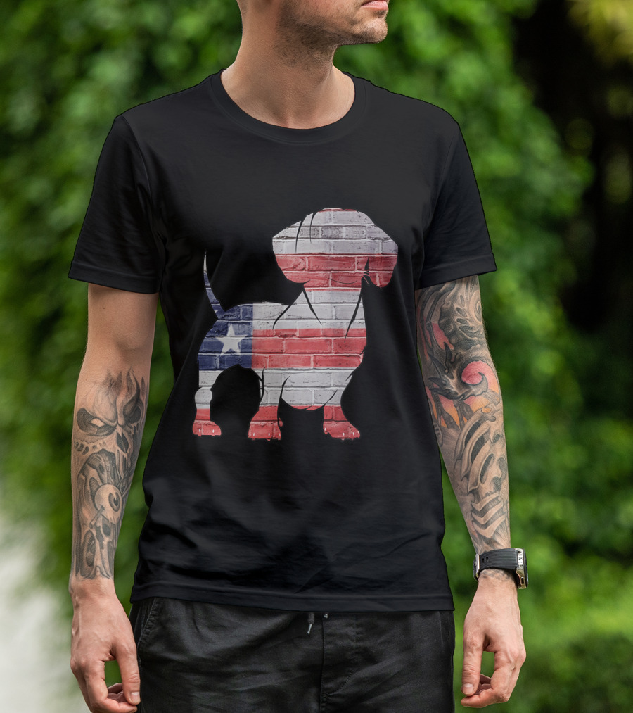 USA Flag Dachshund Silhouette Brick Pattern Patriotic T-Shirt