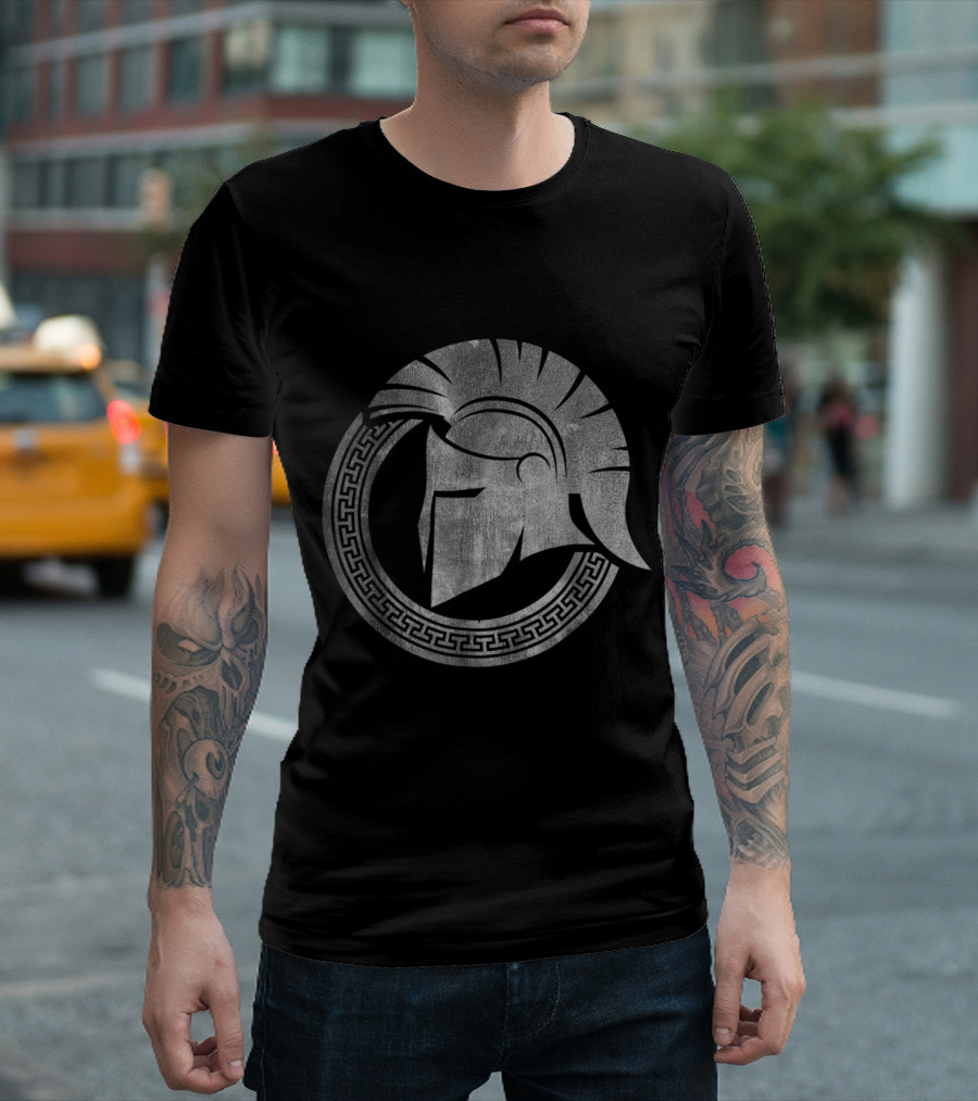Spartan Warrior Helmet with Greek Key Border T-Shirt