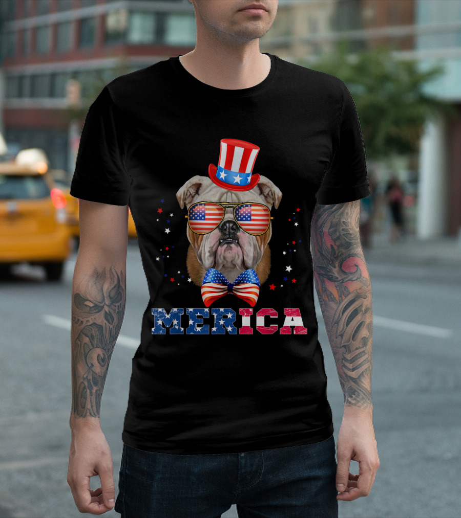 American Patriotic Bulldog with USA Top Hat and Flag Glasses Merica Fourth of July T-Shirt