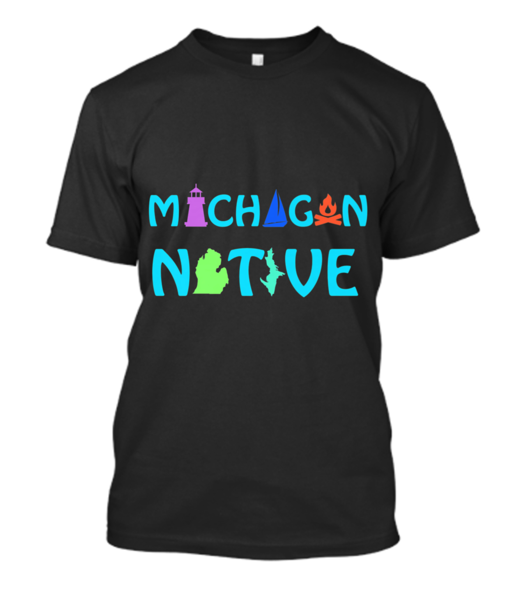 Michigan Native Lighthouse Sailboat Campfire Map T-Shirt