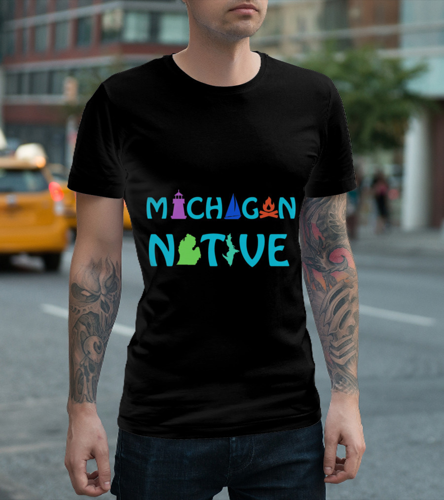 Michigan Native Lighthouse Sailboat Campfire Map T-Shirt